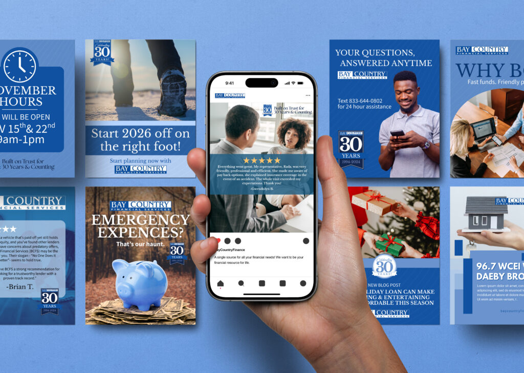 Visual of a hand holding a cellphone and looking at the Bay Country Financial Services Instagram