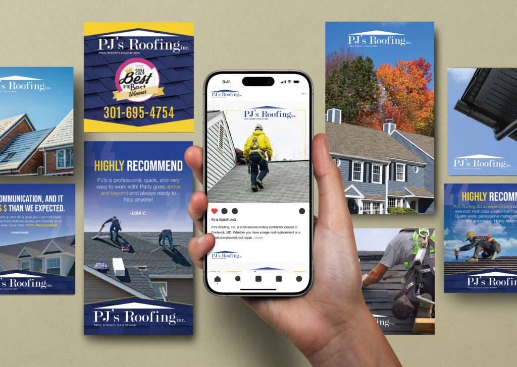 Visual of a hand holding a cellphone and looking at the PJ's Roofing's Instagram.